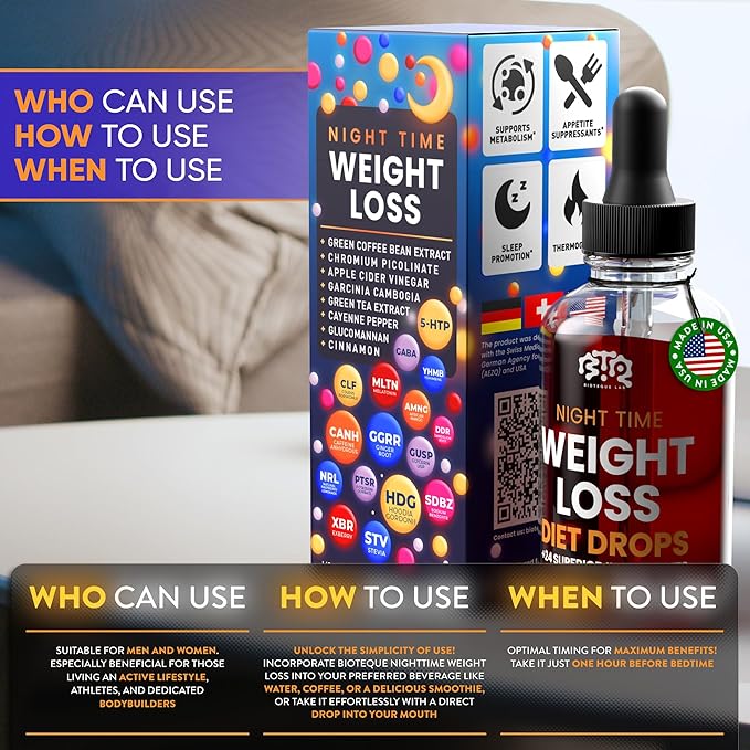 Night Time Weight Loss Diet Drops - Appetite Control, Fat Burner, Metabolism Booster - Apple Cider Vinegar - Cinnamon - Cayenne Pepper