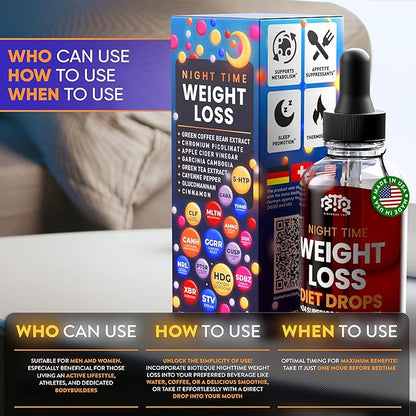 Night Time Weight Loss Diet Drops - Appetite Control, Fat Burner, Metabolism Booster - Apple Cider Vinegar - Cinnamon - Cayenne Pepper