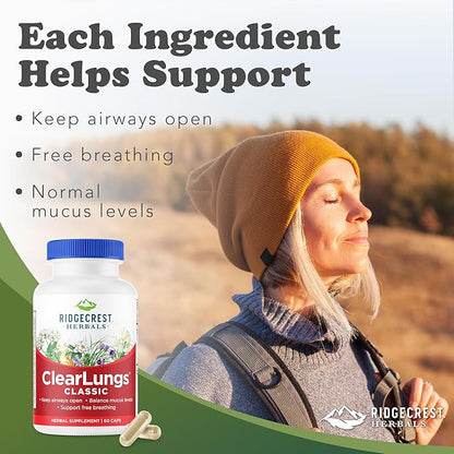 RidgeCrest Herbals ClearLungs Classic, Daily Health Supplement, Natural Lung and Nasal Wellness Formula for Bronchial, Respiratory, Immune, Sinus, and Mucus Support (60 Vegan Caps, 30 Serv)