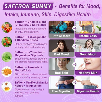 Saffron Supplements Gummies 100mg - 100% Pure Saffron Extract with Magnesium Glycinate, L-Theanine, Turmeric, Ashwagandha, Honey & Vitamin B Complex for Mood & Power, Antioxidant, Vitality - 60 Count