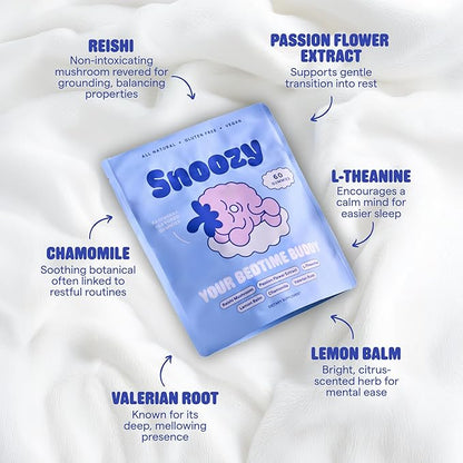 Snoozy Bedtime Buddy, Reishi Mushroom Sleep Gummies | Chamomile, Valerian Root, Lemon Balm Extract | Natural Sleep Aid, Melatonin Free | Raspberry Flavored, 60 Gummies, 1 Pack