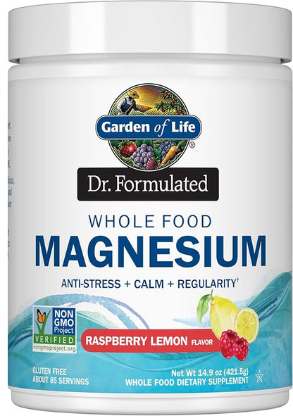 Garden of Life Dr. Formulated Whole Food Magnesium Powder with Probiotics – Stress & Sleep Support, Non-GMO, Gluten-Free, Vegan, Raspberry Lemon Flavor, 85 Servings
