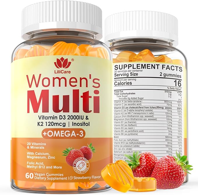 Womens Multivitamin Gummy with Omega 3（DHA/EPA), Vitamin D3 K2, Calcium, Inositol, Daily Womens Vitamin A C E B Complex, L-MethylFolate, Methyl B12,Sugar Free Methylated Multivitamins Minerals, 60Cts
