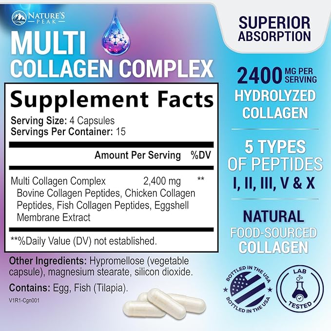 Multi Collagen Peptides Supplement for Hair, Nail, Skin - Type I, II, III, V, X, Collagen Powder Pills - Grass-Fed, Hydrolyzed for Bone and Joint Support for Women & Men, Non-GMO - 60 Capsules