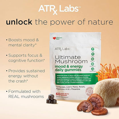 Ultimate Mushroom Daily Gummies - Mushroom Gummies with Cordyceps, Lion’s Mane, and Reishi, Plus Huperzine A & L-Theanine, May Improve Mood and Energy, Apple Berry Flavor, 60 Count