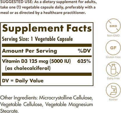 Solgar Vitamin D3 (Cholecalciferol) 125 mcg (5000 IU), 240 Vegetable Capsules - Helps Maintain Healthy Bones & Teeth - Immune System Support - Non-GMO, Gluten Free - 240 Total Servings