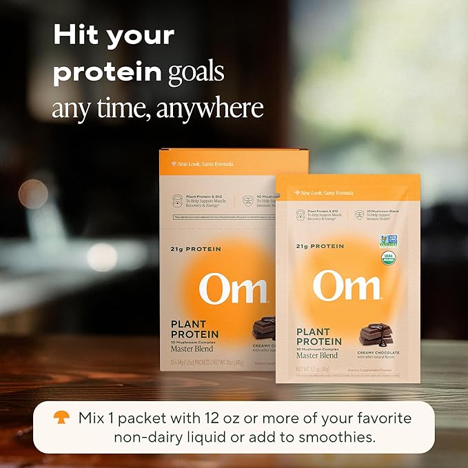 OM MUSHROOM SUPERFOOD Master Blend Vegan Protein – Organic Chocolate Plant Protein with 10 Mushrooms, Ashwagandha, BCAAs & B12 – Energy, Recovery & Immune Support – 10 Single Serves