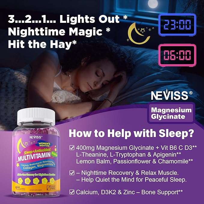 NEVISS Multivitamin for Women Gummies with Magnesium Glycinate 400mg, Calcium D3K2, Hydrolyzed Collagen Gummy for Night Renewal/Sleep, Antioxidant, Relax, Bone, Womens 18 30 40 50 60 70+ Daily Vitamin