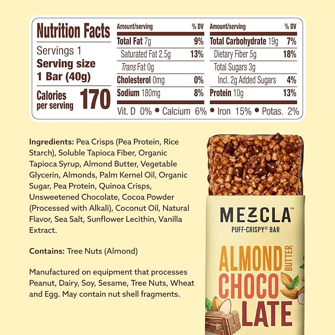 Mezcla Puff Crispy Protein Bars, Gluten Free & Vegan Protein Bars, 10g Protein, Alt for Crispy Rice Treat, Granola Bars & Breakfast Bars, Healthy Snacks for Adults, Almond Butter Chocolate, 1 Count