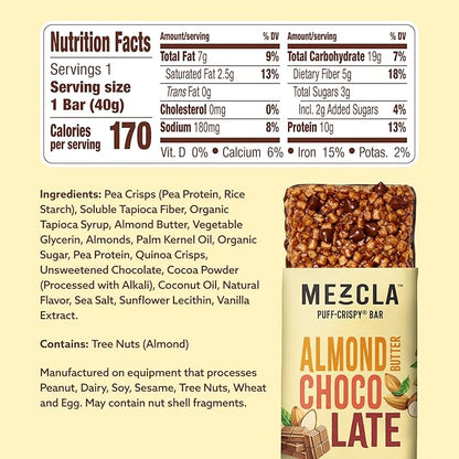 Mezcla Puff Crispy Protein Bars, Gluten Free & Vegan Protein Bars, 10g Protein, Alt for Crispy Rice Treat, Granola Bars & Breakfast Bars, Healthy Snacks for Adults, Almond Butter Chocolate, 1 Count