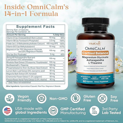OmniCalm Cortisol Supplements for Women & Men | Stress Relief & Sleep Support with Magnesium & Ashwagandha, L Theanine | 14-in-1 Cortisol Reducer, Manager, Detox – USA