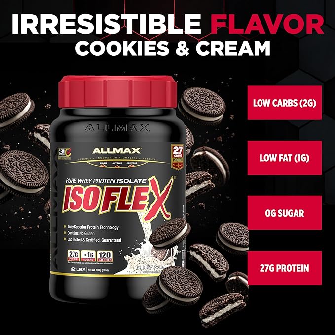 ALLMAX ISOFLEX Pure Whey Isolate Protein Powder - Gluten Free, Low Lactose, Sugar-Free - High-Protein, Clean, Keto-Friendly for Pre Post Workout Supplement for Women and Men | Cookies & Cream, 2lb