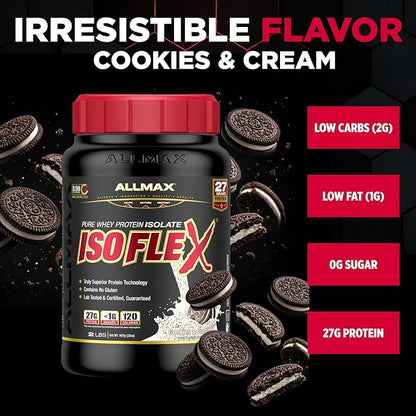 ALLMAX ISOFLEX Pure Whey Isolate Protein Powder - Gluten Free, Low Lactose, Sugar-Free - High-Protein, Clean, Keto-Friendly for Pre Post Workout Supplement for Women and Men | Cookies & Cream, 2lb