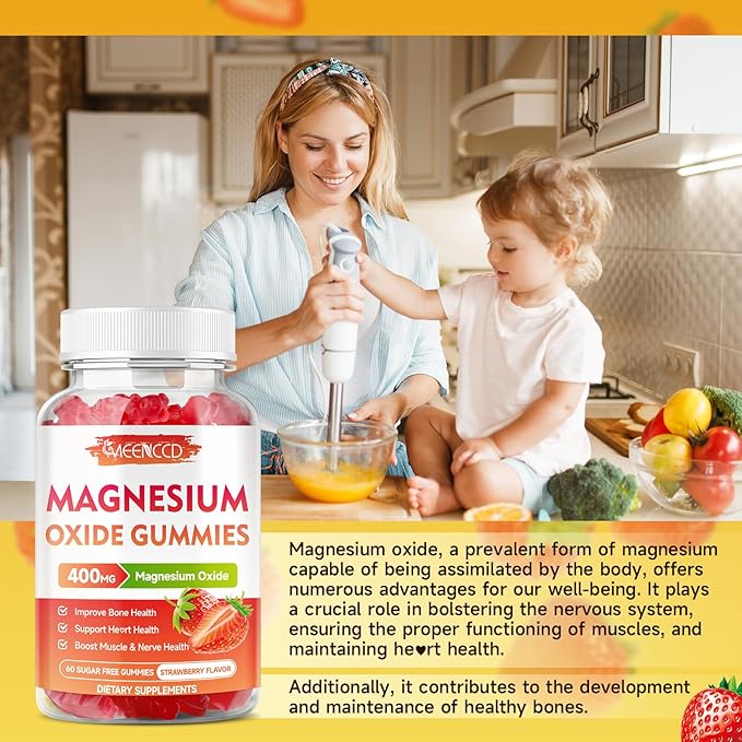 2 Pack Magnesium Oxide Gummies 400mg, Chewable Magnesium Oxide Supplement for Adults & Kids, Muscle Function Support, Non-GMO, Sugar-Free, Strawberry Flavor, 120 Count