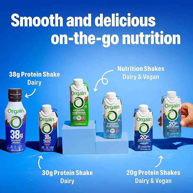 Orgain 30g High Protein Shake Variety Pack, Dairy Isolate Milk Protein, 5g BCAAs, 1g Sugar Per Serving, Caffeine, Meal Replacement, Ready to Drink, Chocolate, Vanilla, Café Latte, 11 Fl Oz (12 Pack)