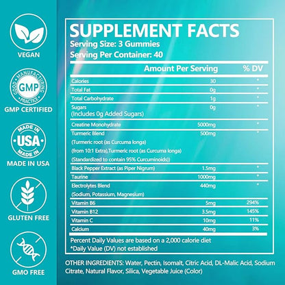 Creatine Monohydrate Gummies with Turmeric for Men and Women Creatine with Taurine Electrolyte for Strength Energy&Muscle Support Pre-Workout Gummies Sugar Free 120pcs
