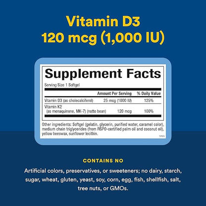 Natural Factors, Vitamin D3 & K2 1000 IU and 120 mcg, Supports Bone and Vascular Health, 60 Softgels