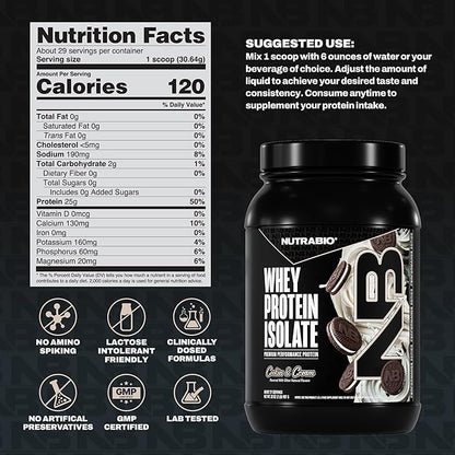 NutraBio 100% Whey Protein Isolate Protein Powder, 25g Protein with Complete Amino Acid Profile, Non-GMO, Soy & Gluten Free, Low Carb, Low Calorie Whey Protein Powder, Cookies & Cream, 2 Lbs