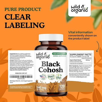 Wild & Organic Black Cohosh Capsules 540 mg - Menopause Supplements for Women - Black Cohosh Herb - 120 Days of Supply - Vegan, No Fillers, Non-GMO - 120 Count