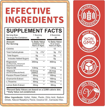 Magnesium Glycinate Gummies for Kids - Kids Magnesium Glycinate Gummies Supplement with L-Theanine, Vitamin B6, D3 for Kids & Adults Sleep Calm Relaxation Brain Bones,Sugar Free Raspberry 120ct