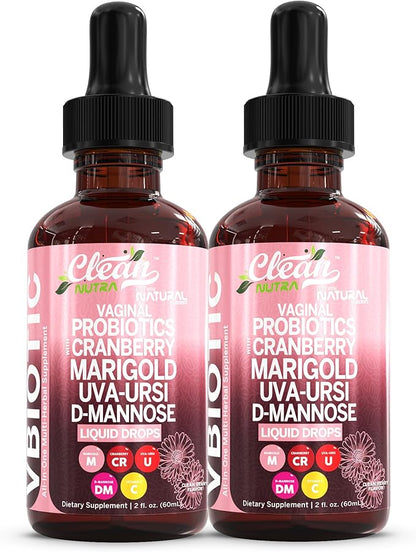 VBiotic Vaginal Probiotic for Women Liquid Drops | Womens Probiotics | Cranberry Uva Ursi Horsetail D-Mannose Prebiotics Marigold & Black Cohosh Vaginal Health Supplement | pH Balance | By Clean Nutra