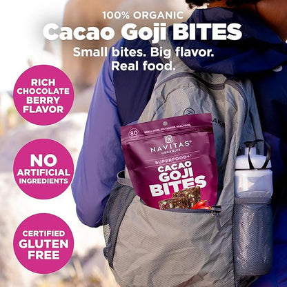 Navitas Organics Cacao Goji Superfood+ BITES – Power Snacks – All Natural Plant Based – Clean Energy & Nutrition – USDA Organic, Non GMO, Gluten Free, Soy Free, Kosher, Vegan (8oz. Bag 11 Servings)