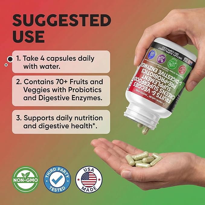Clean Nutraceuticals Fruits and Veggies Supplement Reds & Green Superfood - Balance of Over 70 Fruit & Vegetable Supplements Capsules with Probiotics Prebiotics Digestive Enzymes - 120 Ct USA