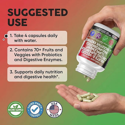 Clean Nutraceuticals Fruits and Veggies Supplement Reds & Green Superfood - Balance of Over 70 Fruit & Vegetable Supplements Capsules with Probiotics Prebiotics Digestive Enzymes - 120 Ct USA