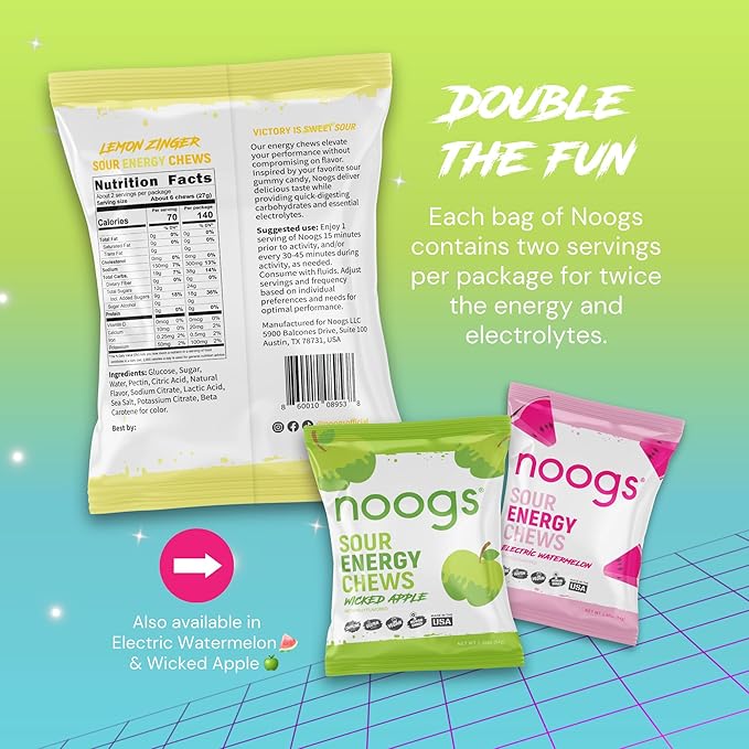 Noogs Sour Energy Chews, Lemon Zinger Electrolyte Energy Gummies, Sour Candy Flavored Alternative to Running Gels, Vegan, Gluten Free & Caffeine Free, 12 Pack