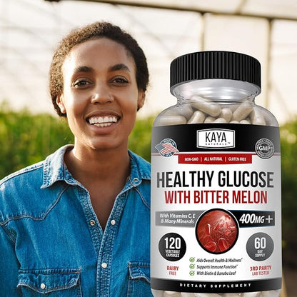 Kaya Naturals Healthy Gluco with Bittermelon Supplement | Support Healthy Levels and Function, 20 Herbs Vitamins and Minerals, Alpha Lipoic Acide, Cinnamon, Vitamin C & E, Non-GMO (120 Count)