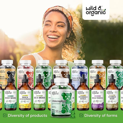 Wild & Organic Chlorophyll Gummies 50mg - Detox Cleanse Supplements w/Sodium Copper Chlorophyllin - Internal Deodorant w/Chlorophyll Powder - Vegan, Non-GMO - 60 Herbal Chews