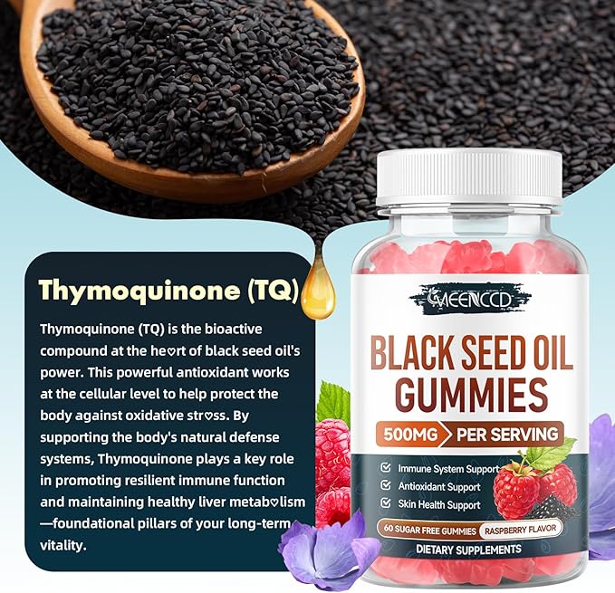 MEENCCD Black Seed Oil Gummies, Nigella Sativa Black Seed Oil Supplement for Antioxidant Support, Vegan, Non-GMO, Suagr-Free, Raspberry Flavor, 60 Count
