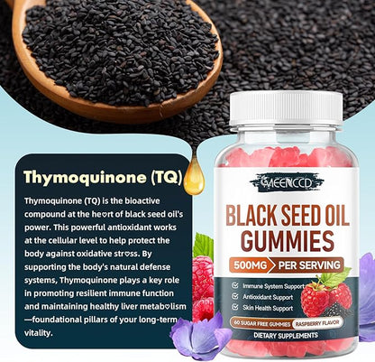 MEENCCD Black Seed Oil Gummies, Nigella Sativa Black Seed Oil Supplement for Antioxidant Support, Vegan, Non-GMO, Suagr-Free, Raspberry Flavor, 60 Count