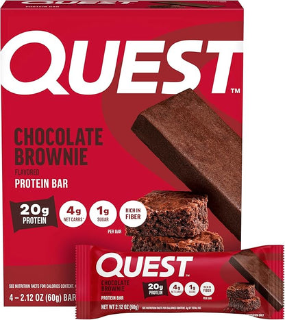 Quest Nutrition Chocolate Brownie Protein Bars, 20g Protein, 4g Net Carbs, 1g Sugar, High Fiber, Gluten Free, Keto Friendly, 4 Count