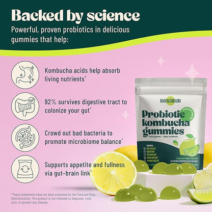 Probiotic Kombucha Gummy - Prebiotics, Probiotics, Postbiotics, Fiber Supplement, Slippery Elm, Dandelion Root, for Bloating, Gut Health - for Women and Men - Lemon Lime (Lemon Lime)