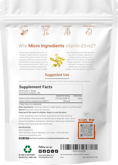 Micro Ingredients Vitamin D3 5,000 IU + K2 MK-7 100 mcg, 180 Softgels | 2-in-1 Formula | Easy to Swallow, Non-GMO