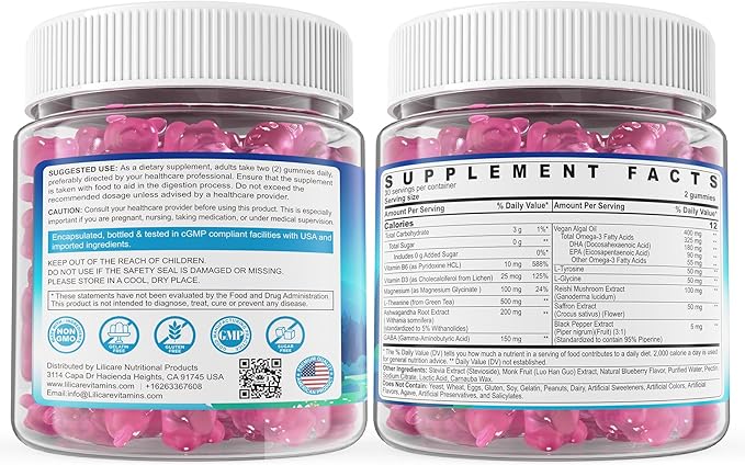 Liposomal L-Theanine Gummies 500mg, Melatonin-Free Calm & Relaxation Gummies with Magnesium Glycinate, 5-HTP, Mushroom, Vitamins D3, B12, Ashwagandha, for Brain Calm, Relax, Mood, Zzz, Vegan 60 Cts