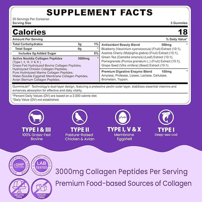 2 Pack Collagen Gummies for Women & Men 3000mg, Hydrolyzed Collagen Peptides with Antioxidant Blend & Digestive Enzymes, Multi Collagen (Type I,II,III,V,X) for Anti-Aging, Hair, Skin, Nails,Sugar Free