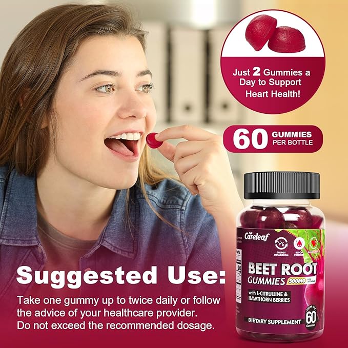 Sugar Free Vegan Beet Root Gummies for Blood Pressure, Beetroot Gummies with L-Citrulline and Hawthorn Extract, Peach Flavor Beet Chews for High Blood Pressure, 60 Count