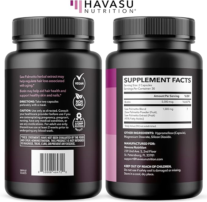 Saw Palmetto for Women with Biotin 5000mcg - Powerful DHT Blocker to Support Hair, Skin, and Nail Health - 60 Count - Vegan, Non-GMO Vitamin for Stronger, Fuller Looking Locks - 1 Month Supply