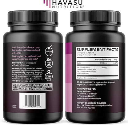 Saw Palmetto for Women with Biotin 5000mcg - Powerful DHT Blocker to Support Hair, Skin, and Nail Health - 60 Count - Vegan, Non-GMO Vitamin for Stronger, Fuller Looking Locks - 1 Month Supply