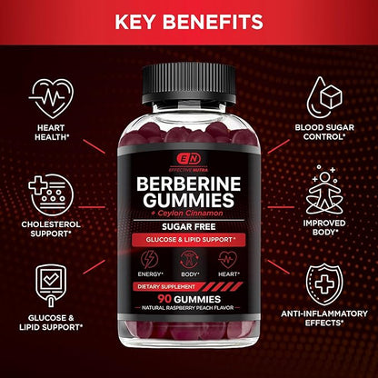Effective Nutra Berberine Gummies with Ceylon Cinnamon | 1200mg Sugar-Free Formula for Blood Sugar & Metabolic Support | Natural Energy, Heart Health | Vegan, Non-GMO | 90 Count (45-Day Supply)