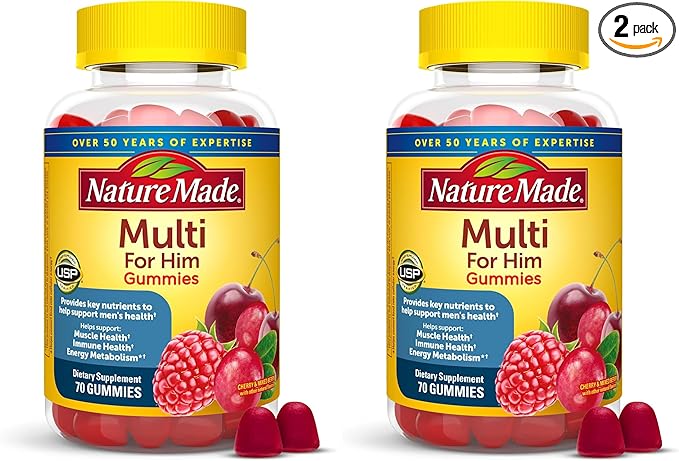Nature Made Multi for Him, Mens Multivitamins Gummies, Energy Metabolism Support, Multivitamin for Men, 70 Gummy Vitamins and Minerals, 35 Day Supply (Pack of 2)
