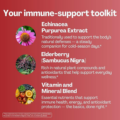 URVI® Immune Support Gummies 9-in-1 - Echinacea, Elderberry, Vitamin C, D3 K2, E, Niacin, Zinc & Selenium - Multivitamin, Antioxidants, Immunity Supplement - Vegetarian & Sugar Free - 60 Count