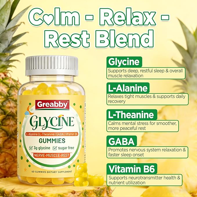 Glycine 3g Gummies, with L Alanine 1000 mg, L Theanine, GABA, Vitamin B6, Sleep Support, Muscle Relaxation, High Absorption Glycine Supplements for Adults, Sugar Free Pineapple Flavor, 60 gummies