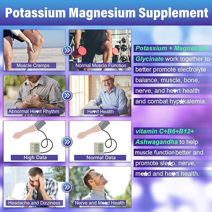 Potassium Magnesium Gummies - Potassium Supplement w/Ashwagandha 200mg, Magnesium Glycinate,B6,B12,P-otassium Citrate for Leg Cramps,Muscle,Electroyte for Adults Kids,Sugar-Free, 2 Pack