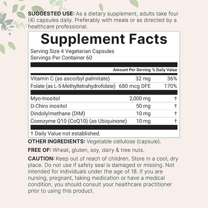 Myo-Inositol & D-Chiro Inositol 2,050mg | 240 Veggie Capsules + Vitamin C, Folate, DIM, & CoQ10 | Inositol Supplement for Women | 40:1 Ratio | Hormonal Balance & Ovarian Support | Filler Free