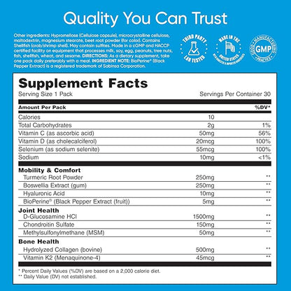 Mobility & Bone Support Daily Multivitamin - 12-in-1 Bone, Knee, Cartilage, Ligament, Joint Supplement for Women and Men, Collagen, Turmeric, Glucosamine Chondroitin MSM Capsules - 30 Vitamin Packs