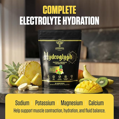 Ambrosia Hydroglyph Fasting Electrolytes Powder | Hydration Drink Mix with Amino Acids | Sugar Free Electrolyte Powder for Fasting & Intra Workout | 30 Servings, Pineapple Mango