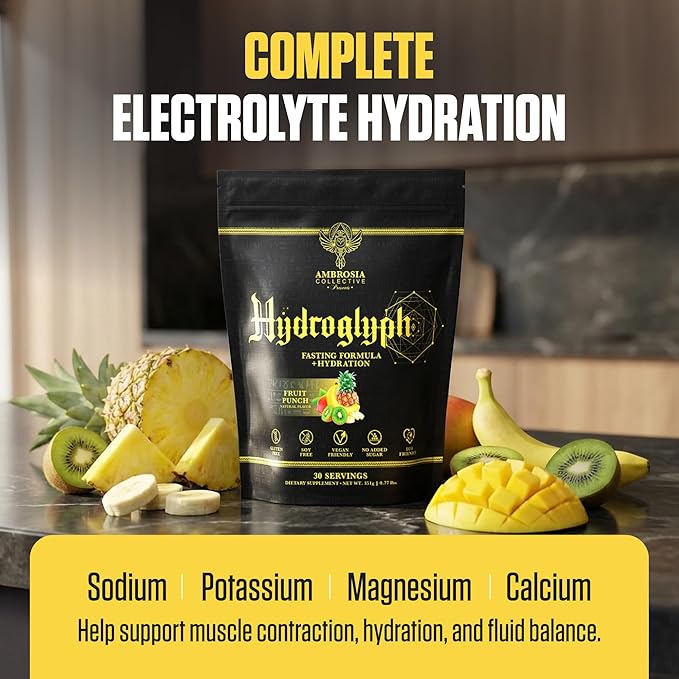 Ambrosia Hydroglyph Fasting Electrolytes Powder | Hydration Drink Mix with Amino Acids | Sugar Free Electrolyte Powder for Fasting & Intra Workout | 30 Servings, Fruit Punch